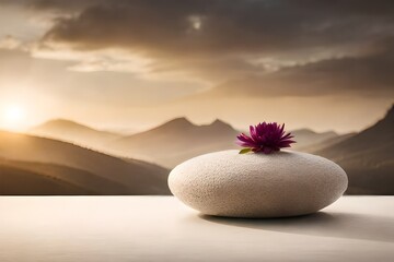 Natural beige backdrop for cosmetic items with a stone podium and dried flower in front of a white background