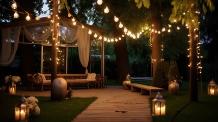 Garden with outdoor string lights, wooden floor planks, candles and lamps in the evening created with Generative AI - Powered by Adobe