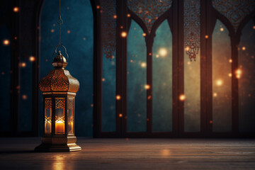 Arabic lantern with burning candle and bokeh lights in background
