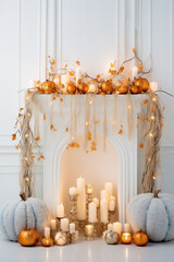 Interior of a white room with a fireplace and candles and decorative pumpkins. Autumn home decor concept. AI Generative.