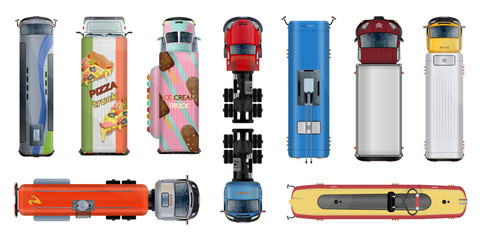 Collection of illustrations with set of top view realistic transports