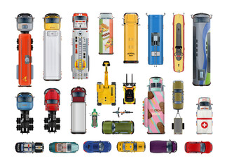Collection of illustrations with set of top view realistic transports