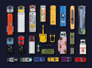 Collection of illustrations with set of top view realistic transports