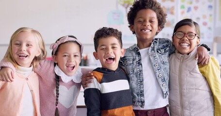 Happy portrait, children and group in elementary classroom, learning and education. Diversity, solidarity and friends or students smile, funny and laughing for knowledge and development at school