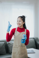 Half body portrait of woman cleaning service at home cleaning concept