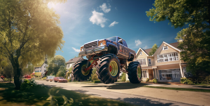 A muddy monster truck in front of a family hd wallpaper