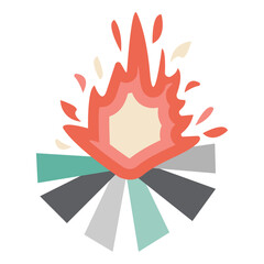Vector illustration on the theme of camping in the style of the groove 70-80s. Bright campfire with colorful pieces of wood