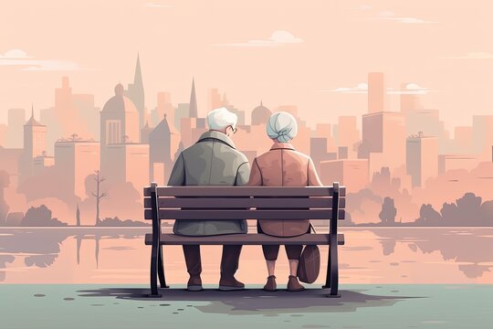 senior couple sit o a bench with city view illustration