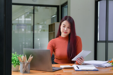 Portrait of business woman meeting online, marketing plan, business plan, statistics and auditing.