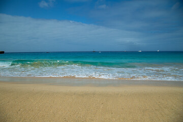 Beautiful beach in Maio Island in Cape Verde. With their soft sands, azure waters, and tranquil ambiance, they offer a serene tropical paradise.