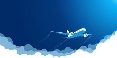 White plane in the blue sky flying above the clouds. Vector background template for web page header - obrazy, fototapety, plakaty