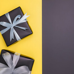 Dark and yellow background with gift boxes. Flat lay, copy space, Top view.