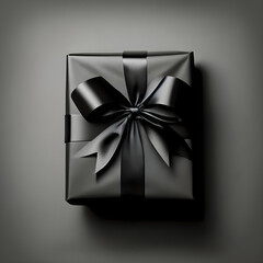 Dark background with a black present. Flat lay, Top view.
