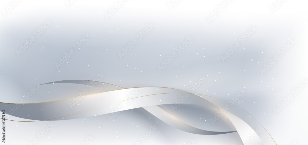 Poster luxury white background with white ribbon shape and lighting effect. template copy space for text.