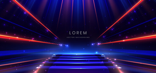 Elegant blue stage background with blue dot neon line and lighting effect sparkle. Luxury template award design.