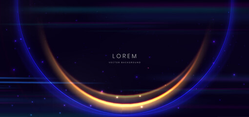 Abstract technology futuristic gold and blue curved glowing and light effect on dark blue background.