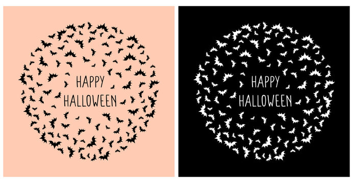 Halloween Vector Card with White and Black Flying Bats. Round Frame Made of Bats Isolated on a Black and Coral Pink Background. Halloween Print with  ideal for Card, Banner, Flyer. RGB Colors.