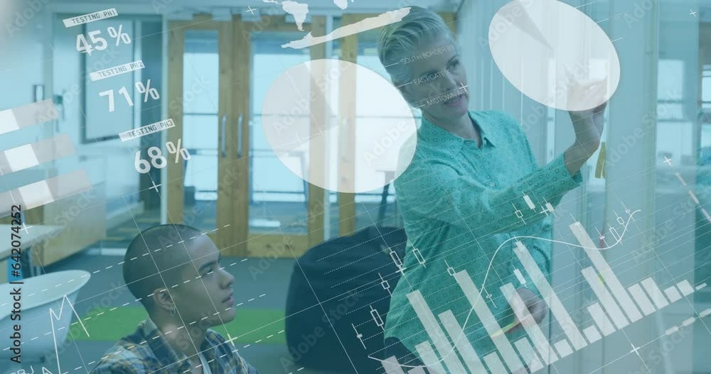 Poster animation of data processing over diverse man and woman discussing over memo notes at office