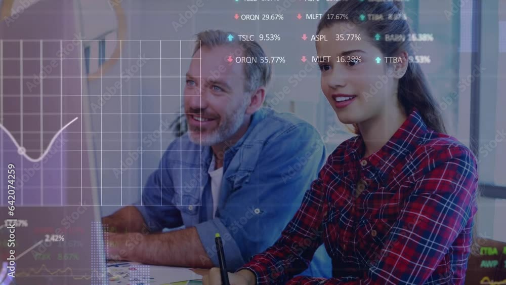 Poster animation of financial data processing over diverse man and woman discussing over computer at office
