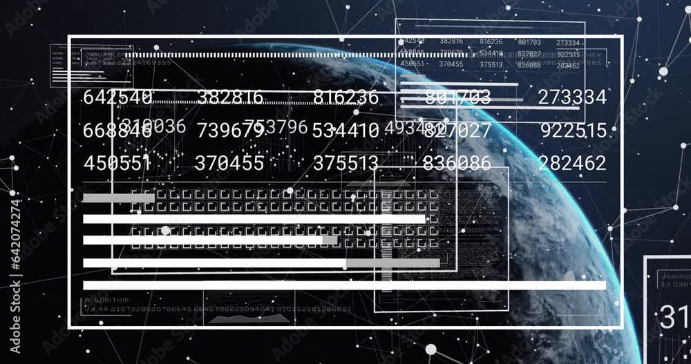 Poster animation of changing numbers, graph, loading squares over connected dots against globe