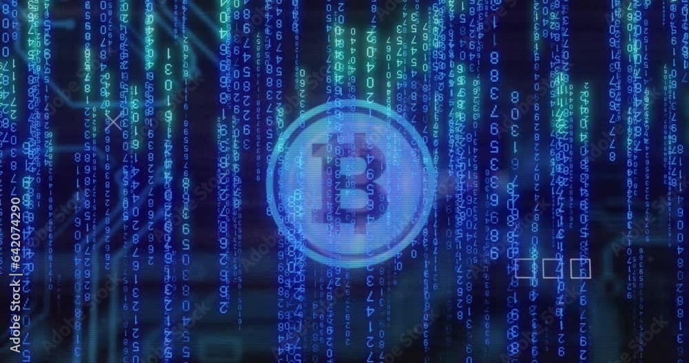 Aufkleber animation of bitcoin over numbers and circuit board against abstract background