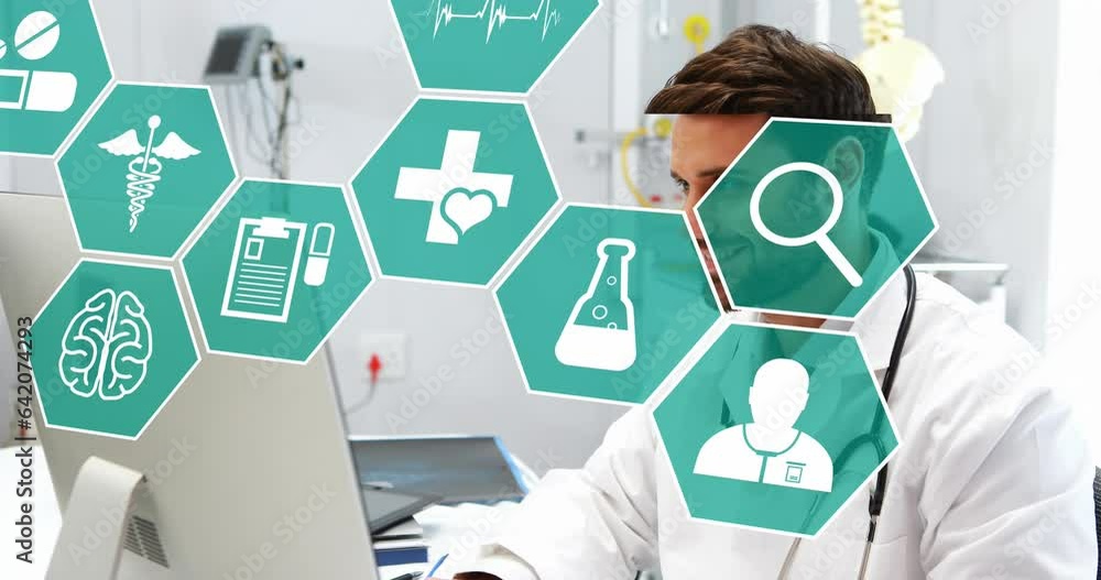 Sticker Animation of icon in hexagons over caucasian doctor checking patient records in computer