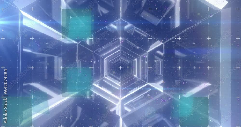 Aufkleber animation of glitch technique over hexagon tunnel over abstract background