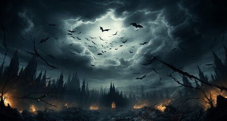 Spooky moon in cloudy sky with bats at night. Halloween concept 
