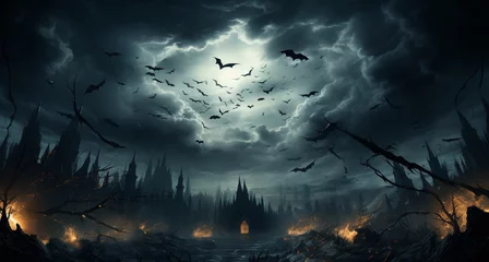 Fotobehang Spooky moon in cloudy sky with bats at night. Halloween concept  © Алина Бузунова