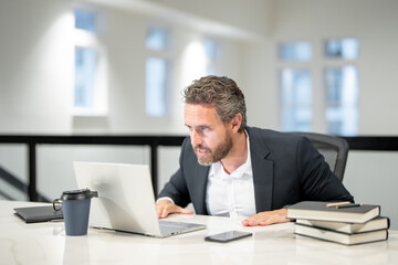 Fototapeta premium Office worker with laptop at office. Ofice employee remote working in modern office. Businessman have on line meeting. Business man using computer in office. Modern offices workplace.