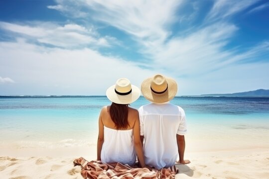 Couple with beach accessories at tropical beach