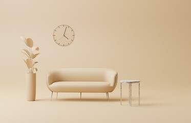 3D Room Interior in plain monochrome pastel beige with furnitures and room accessories. Light background with copy space. 3D rendering for web page, product presentation background