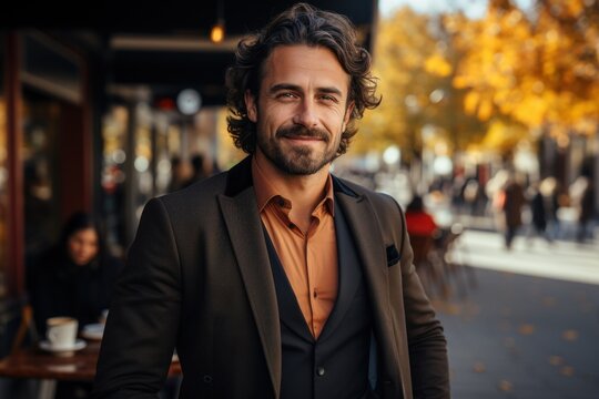 Confident businessman in city, smiling at camera with architectural backdrop. Generated AI