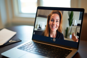 Fototapeta na wymiar Smiling Face Illuminates Virtual Connection in Close-Up Video Call