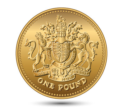 Vector British money gold coin one pound with the image of a lion, unicorn, shield and crown. Vector illustration.
