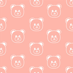Seamless pattern with hand drawn face of bear on pink background in childrens naive style.
