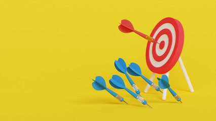 Business challenge failure and success concept. Learning from expereience, Many arrows missed hitting target and only one hits the center. 3d illustration