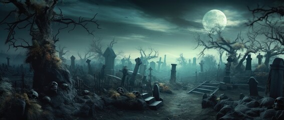 Fototapeta premium Moonlight shining on a graveyard at night. Scary haunted landscape.