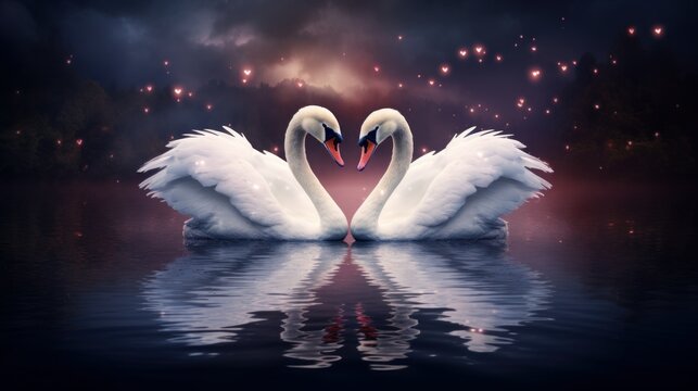 two beautiful swans on a lake shape heart with their long necks and kiss each other. romantic postal card. pc desktop wallpaper background. 16:9, 4k. Generative AI
