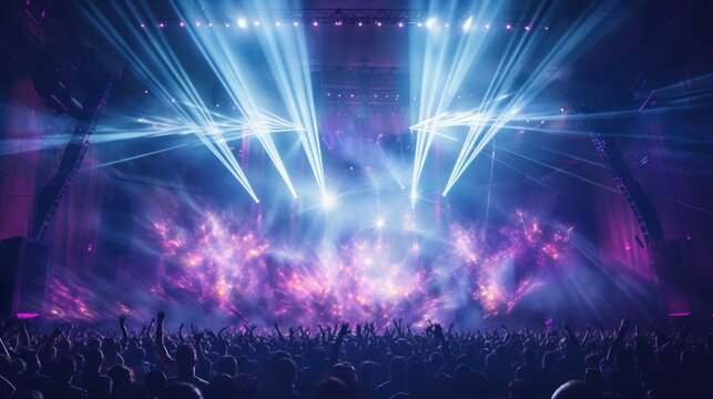 a huge crowd of people dancing on stage at a music concert with epic lights and fireworks on the arena stadium. alien galaxy performance. desktop wallpaper background, 16:9, 4k. Generative AI