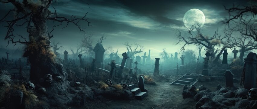 Moonlight shining on a graveyard at night. Scary haunted landscape.