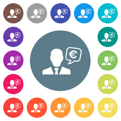 European Euro financial advisor flat white icons on round color backgrounds