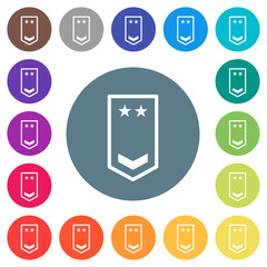 Military insignia with one chevron and two stars flat white icons on round color backgrounds