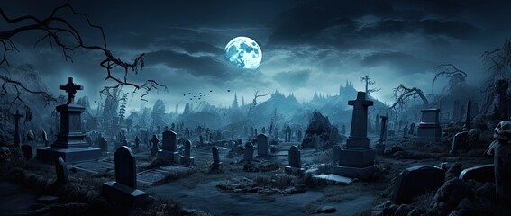 Moonlight shining on a graveyard at night. Scary haunted landscape.