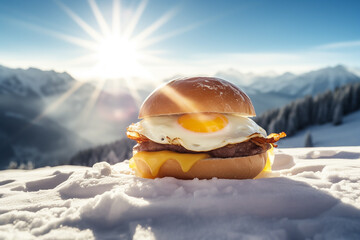 Eggburger closeup at a ski resort, back light. Generative AI