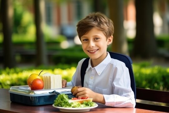 Cute schoolboy eating outdoors the school