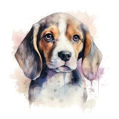 Beagle scent hound. Stylized watercolour digital illustration of a cute dog with big eyes.