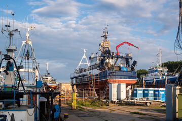 Ships are in dry dock for repair or storage, Baltic Sea, Wladyslawowo, Poland - obrazy, fototapety, plakaty