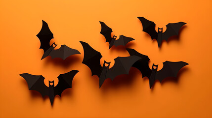 Naklejka premium Spooky Halloween bat paper cut art on orange background