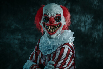 evil mad redhead clown on a dark background